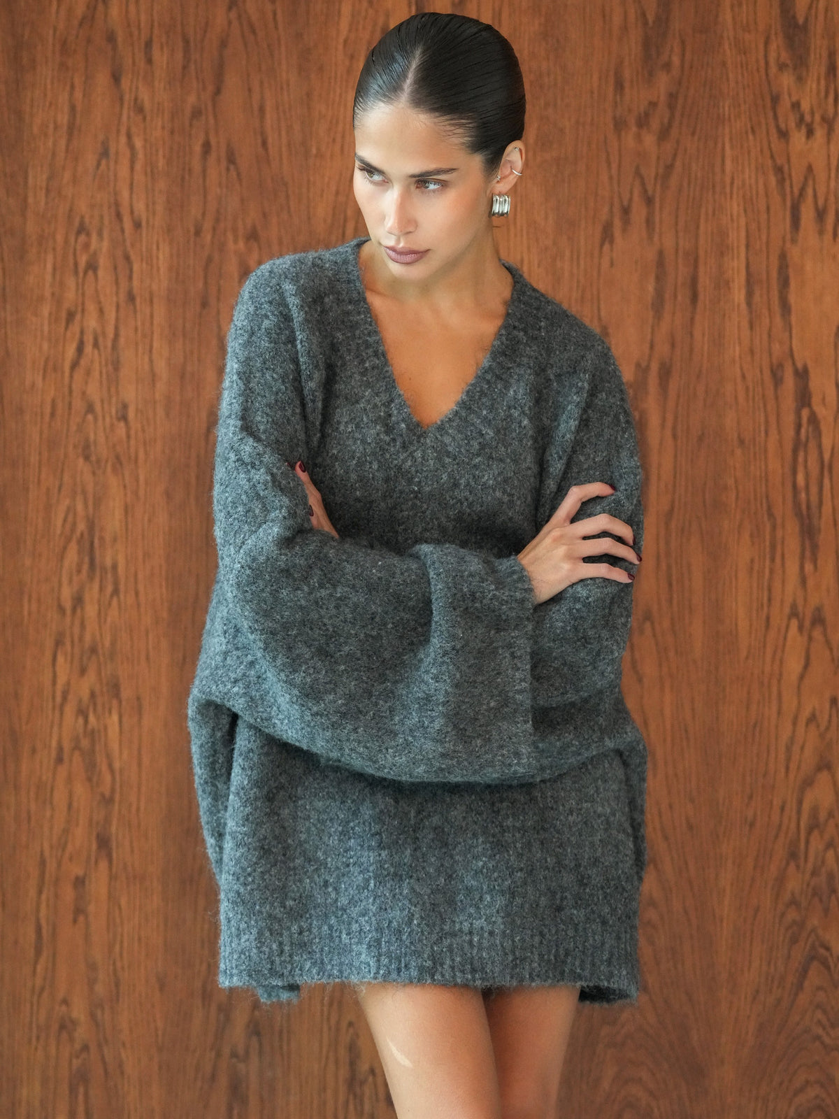 Solid-Color V-Neck Silhouette Sweater