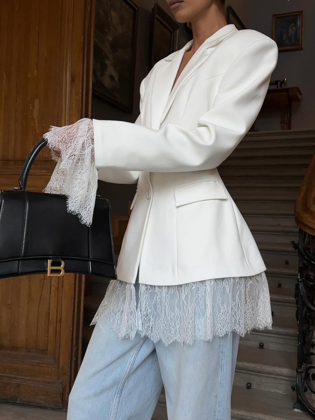 Fitted Lace-Panel Blazer