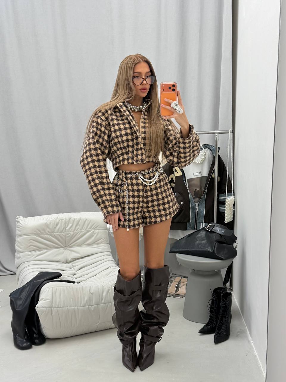 Cropped Houndstooth Jacket Set
