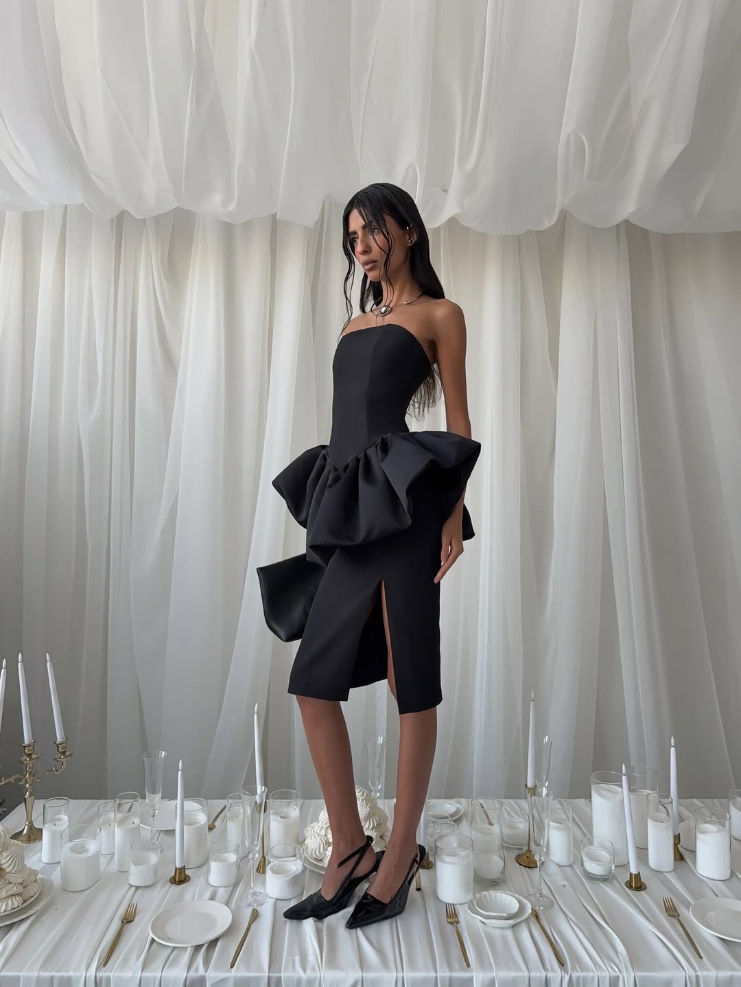 Ruffled slit halter-neck dress