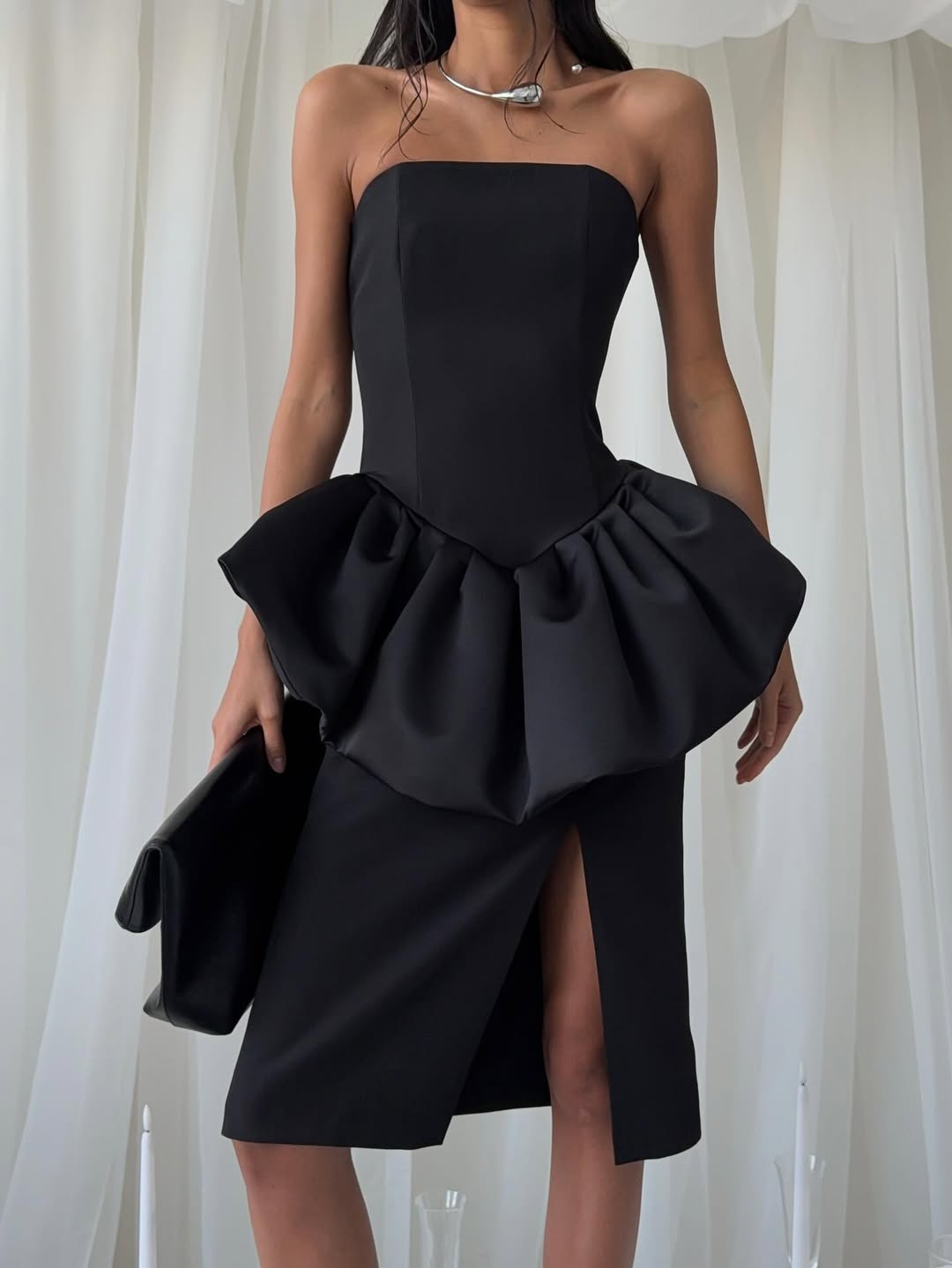 Ruffled slit halter-neck dress