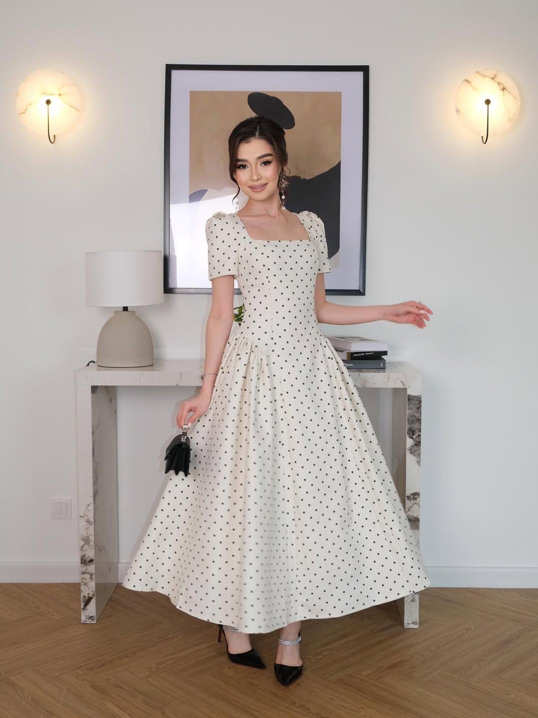 Polka-dot Retro Square-Neck Dress