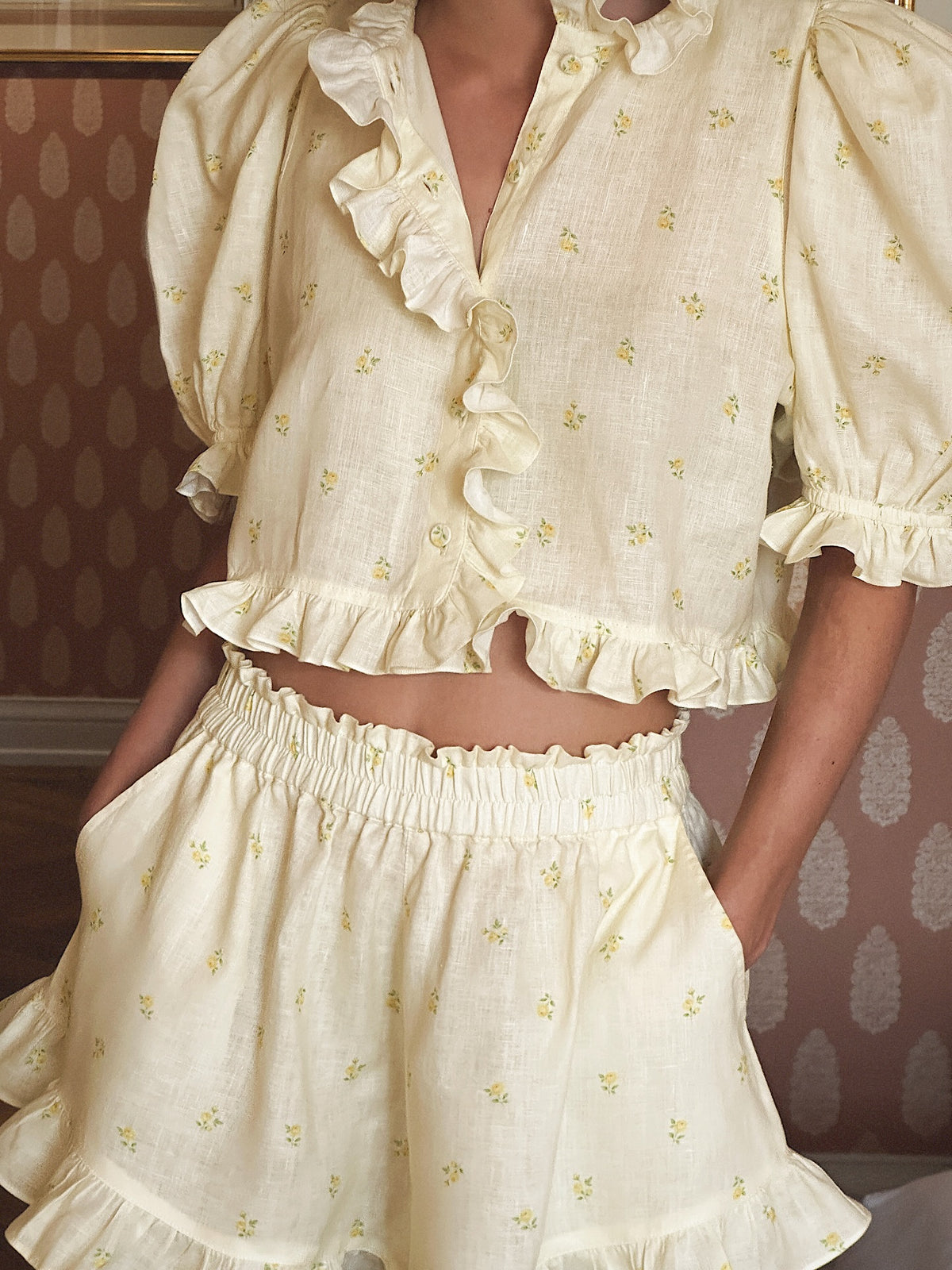 Ruffled Puff-Sleeve Printed Set