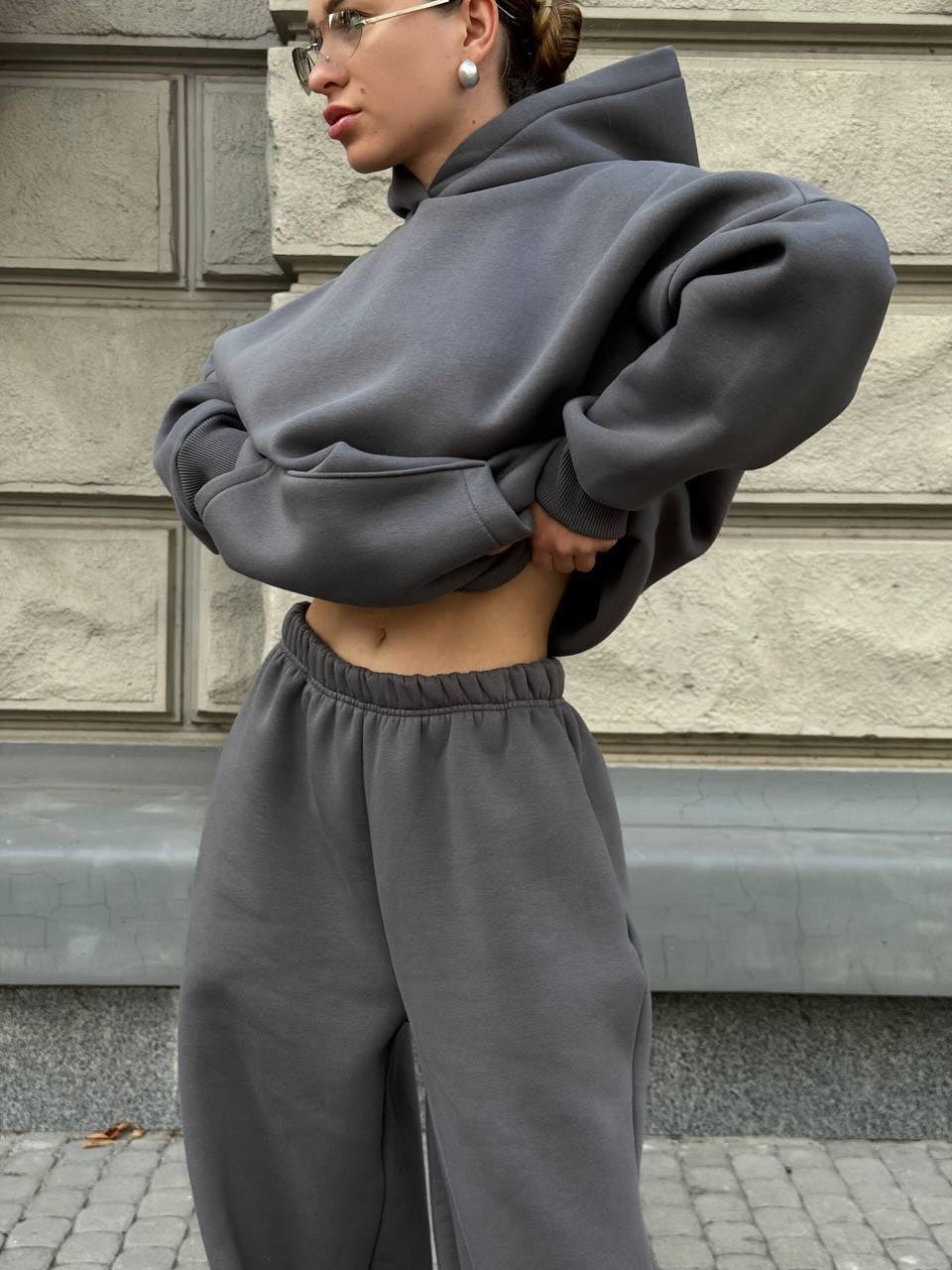 Solid-Color Oversized Hooded Sweatshirt Set