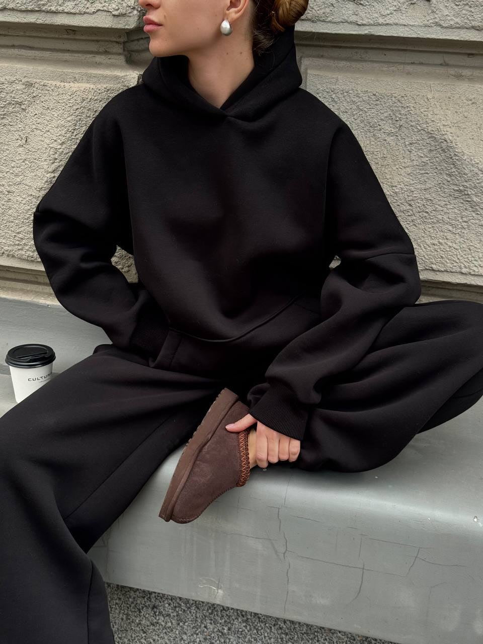 Solid-Color Oversized Hooded Sweatshirt Set