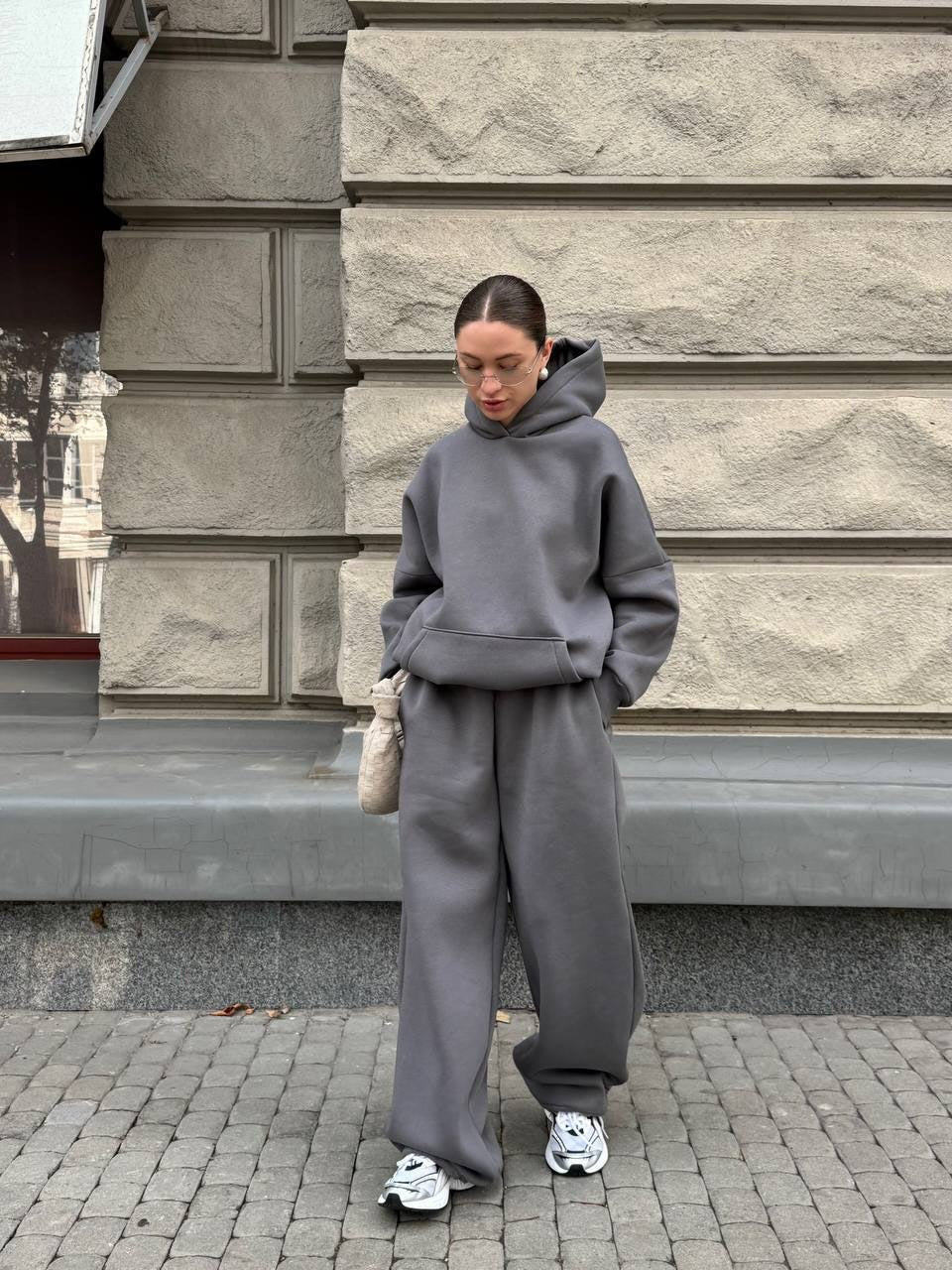 Solid-Color Oversized Hooded Sweatshirt Set