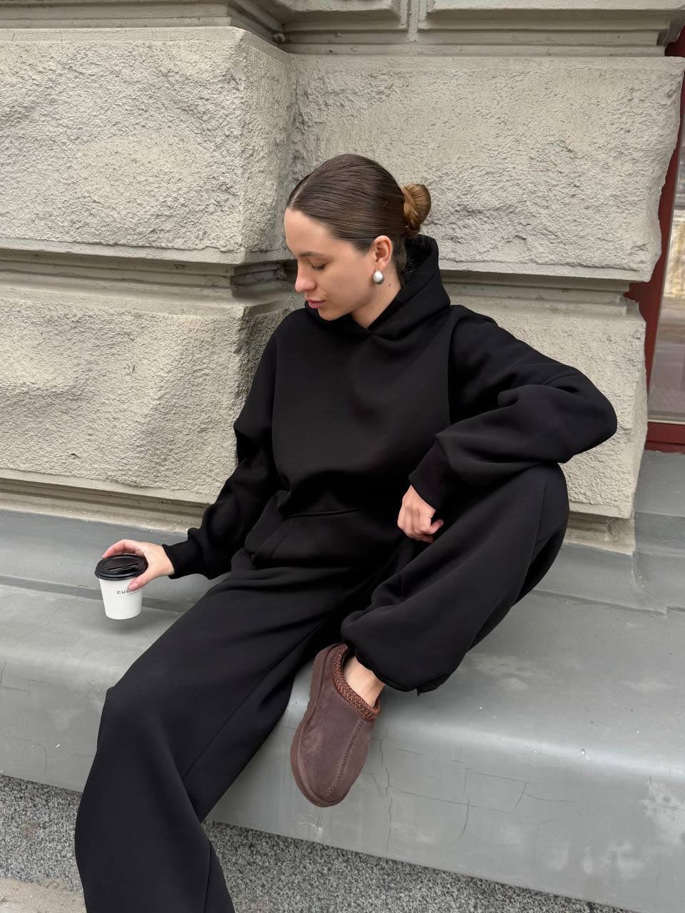 Solid-Color Oversized Hooded Sweatshirt Set