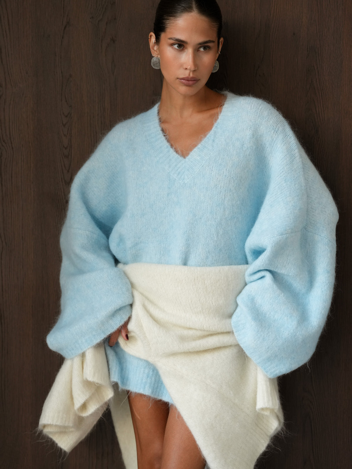 Solid-Color V-Neck Silhouette Sweater