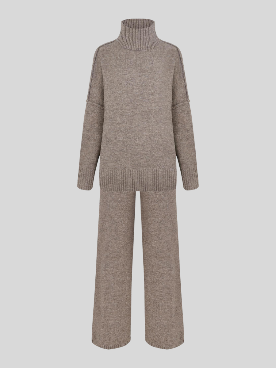 Plain Turtleneck Knit Pants Set