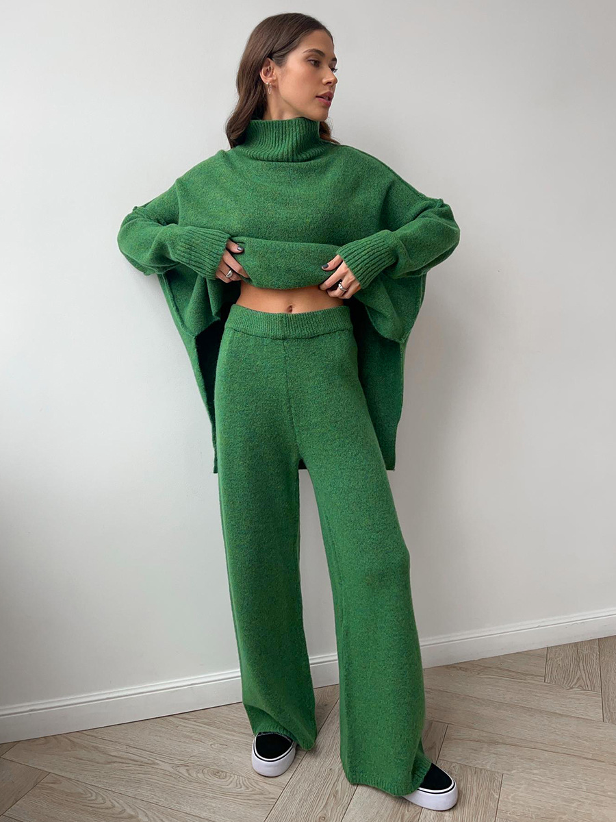 Plain Turtleneck Knit Pants Set