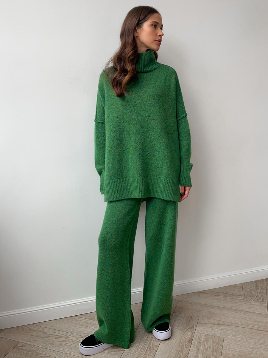 Plain Turtleneck Knit Pants Set