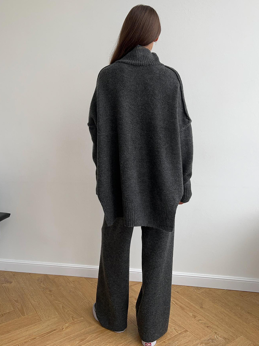 Plain Turtleneck Knit Pants Set