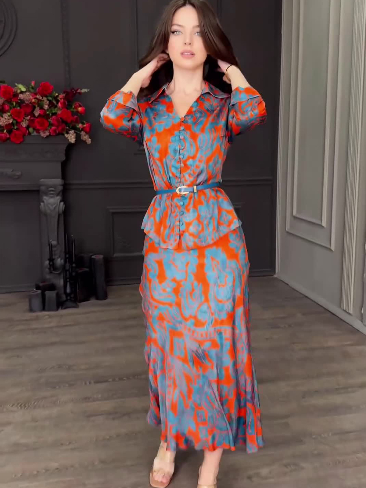 Satin Print Lapel Skirt Set(with belt)