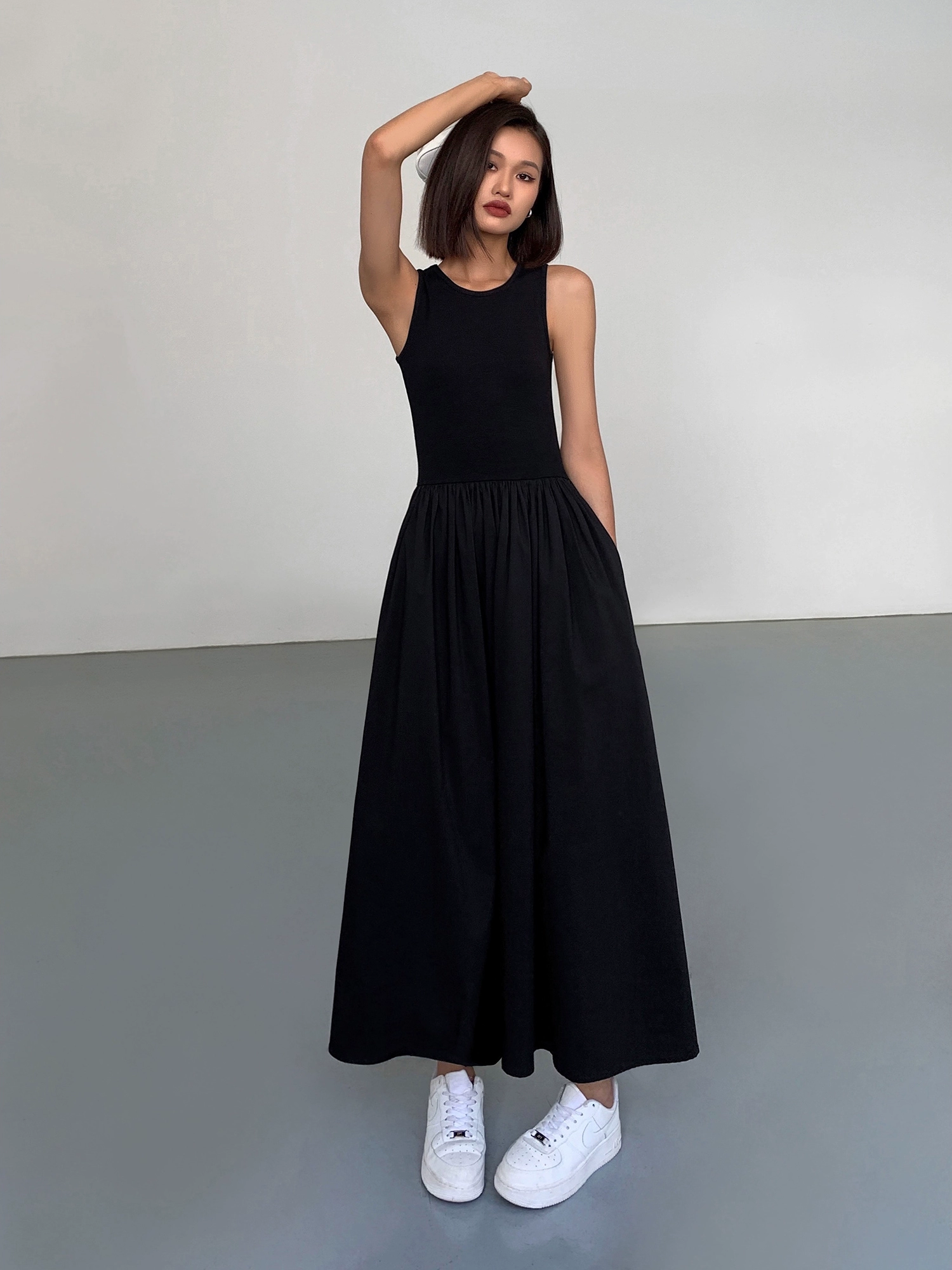 Mixed Media Long Dress(Pockets Design)