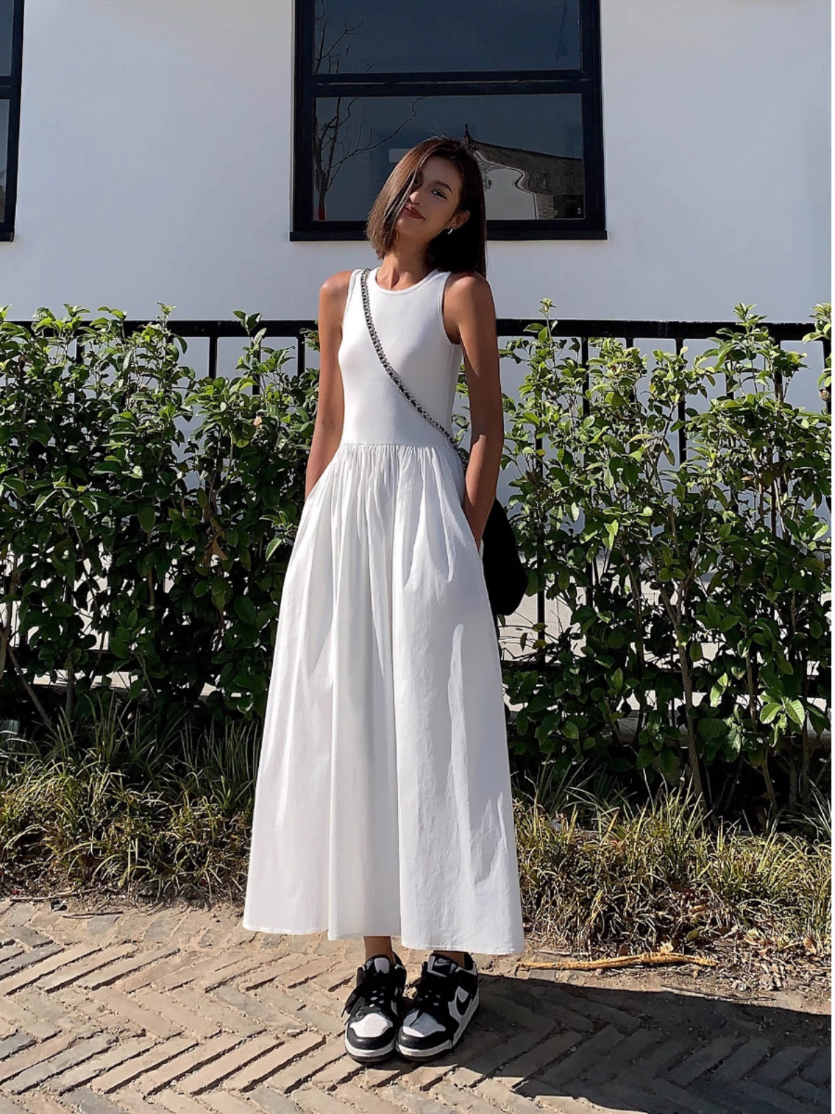 Mixed Media Long Dress(Pockets Design)