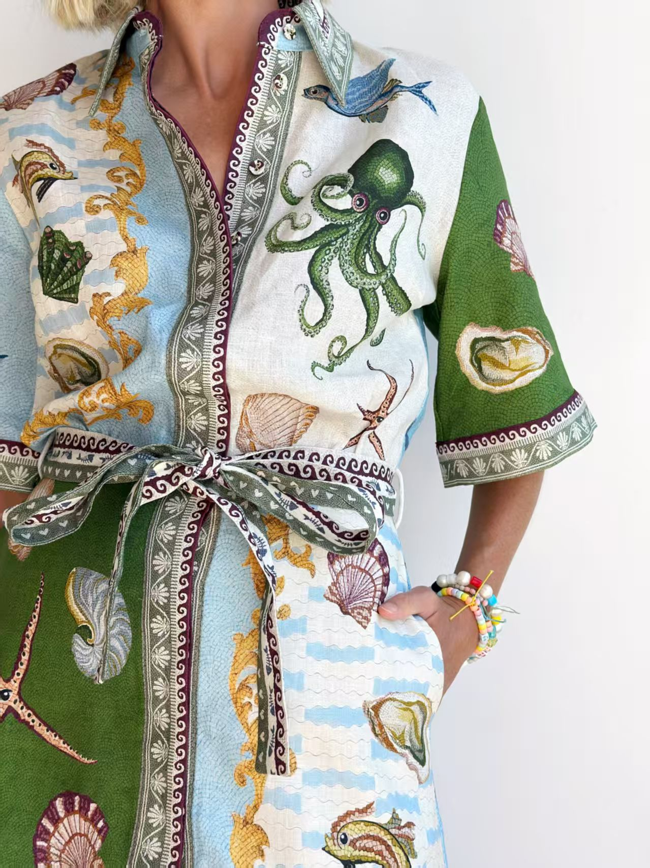 Button-Down Collar Aquatic-Print Dress