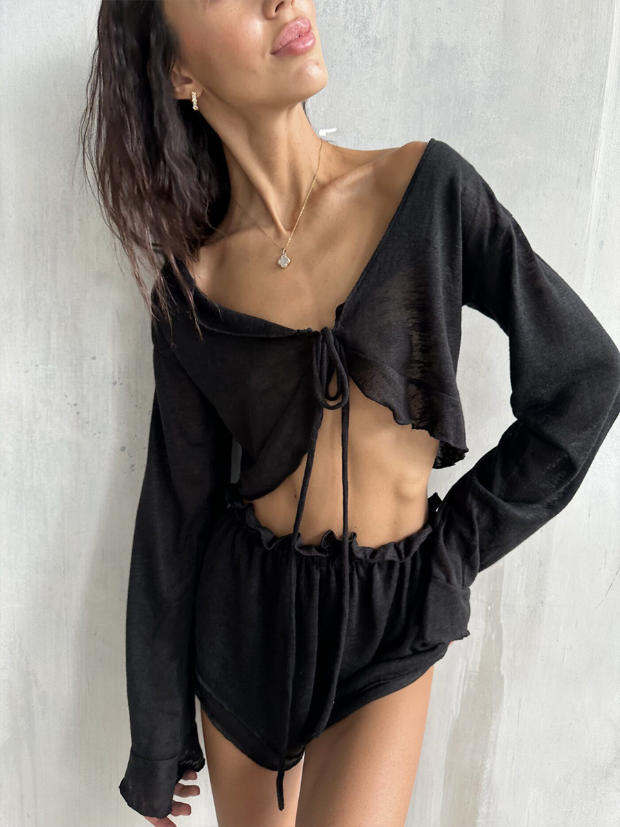 Lace-Up Rolled-Up Shorts Set