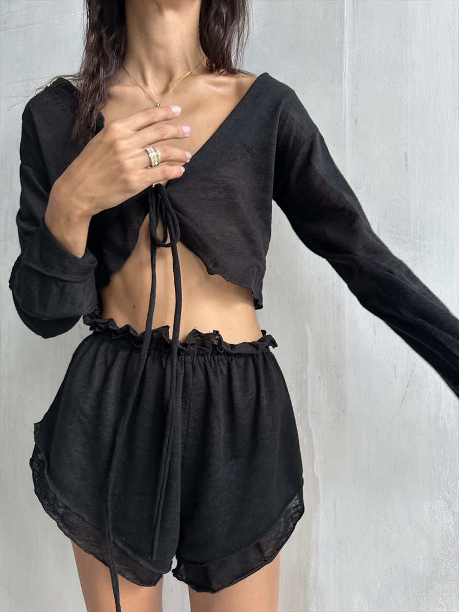 Lace-Up Rolled-Up Shorts Set