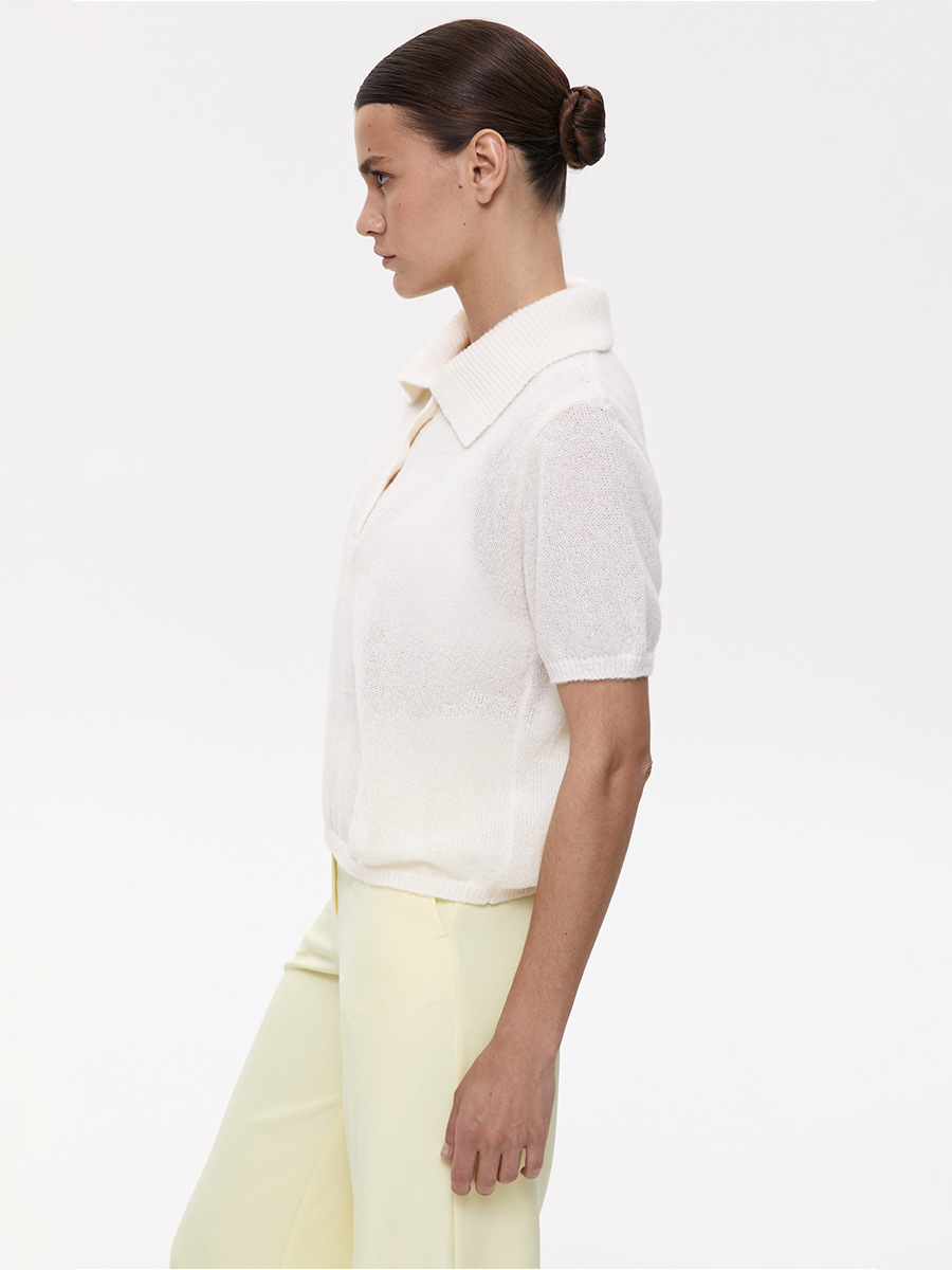 Hollow Draped Snug Knit Polo Shirt