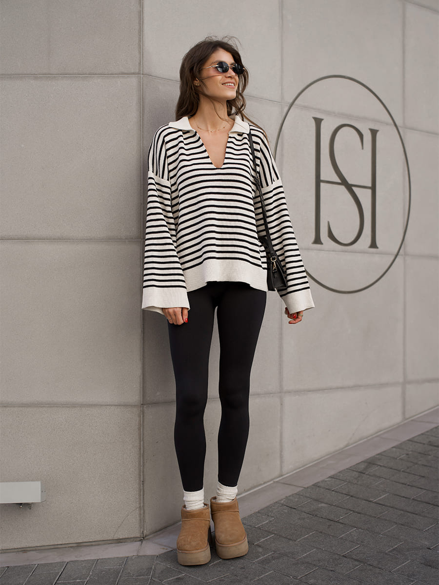 Lapel Striped Loose Pullover Knit Sweater