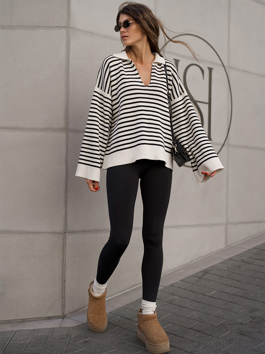 Lapel Striped Loose Pullover Knit Sweater