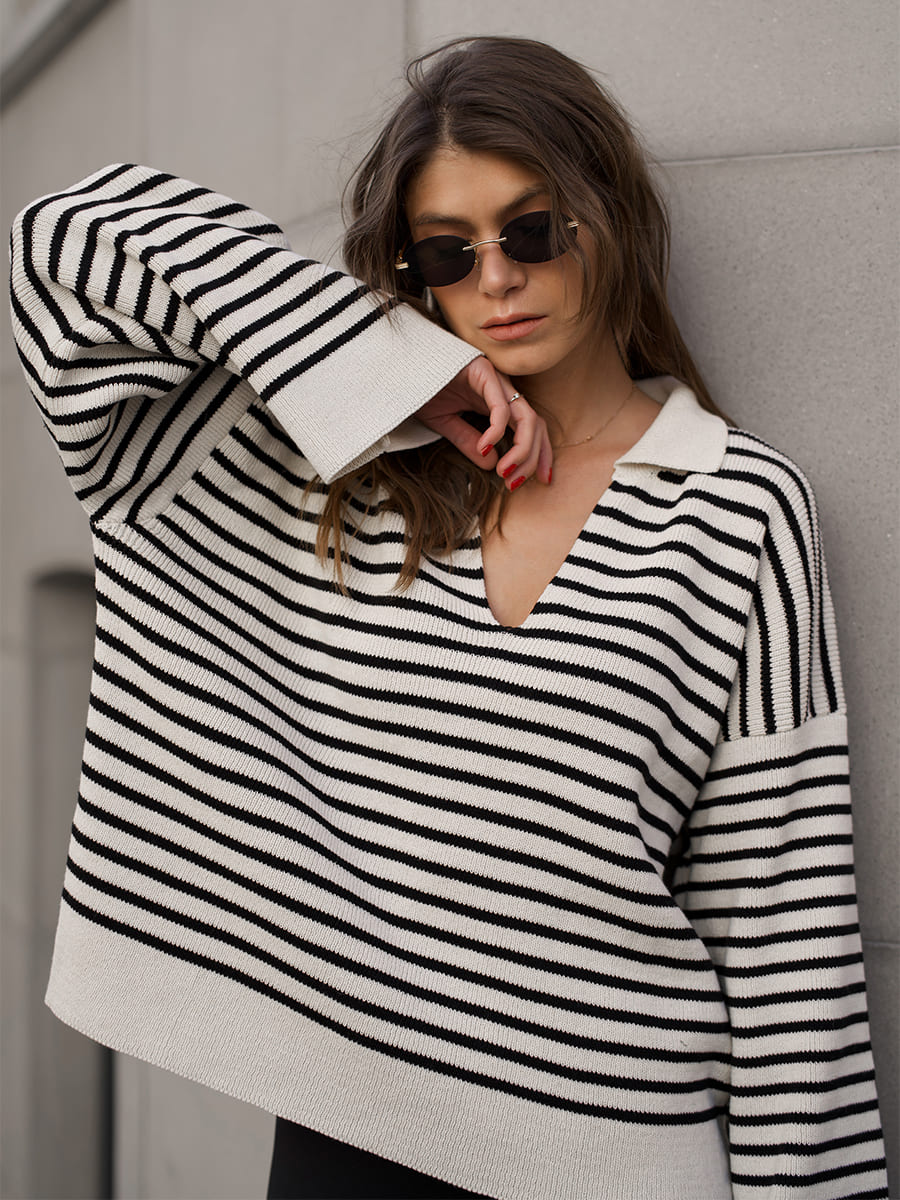 Lapel Striped Loose Pullover Knit Sweater