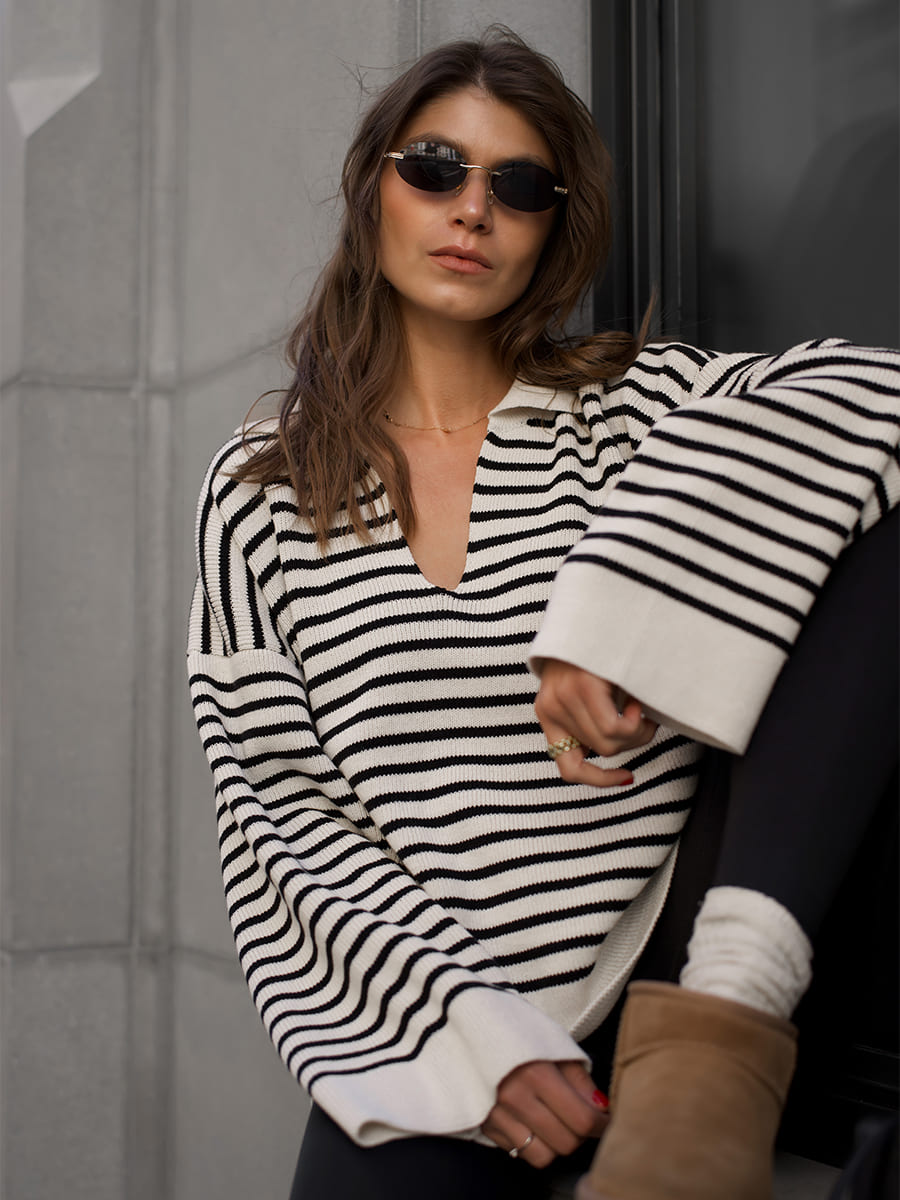 Lapel Striped Loose Pullover Knit Sweater