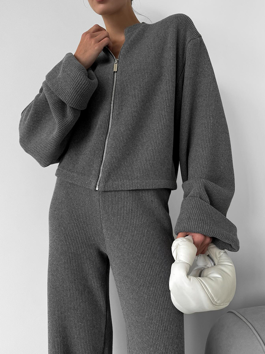Knit Long-Sleeve Wide Leg Pants Set