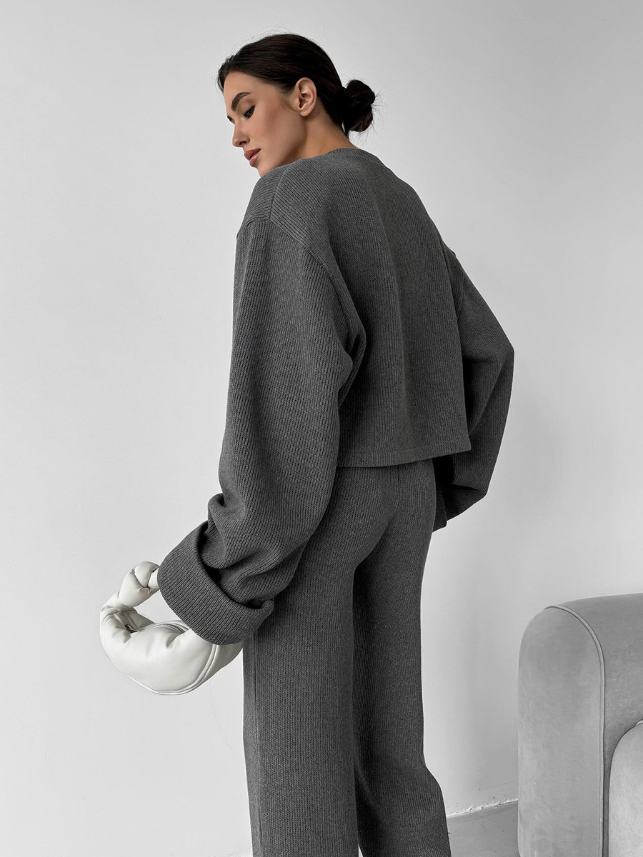 Knit Long-Sleeve Wide Leg Pants Set