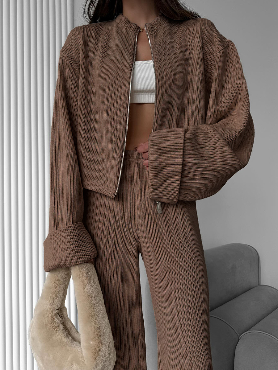 Knit Long-Sleeve Wide Leg Pants Set
