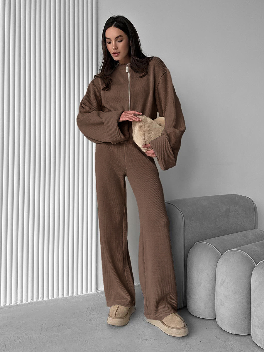 Knit Long-Sleeve Wide Leg Pants Set