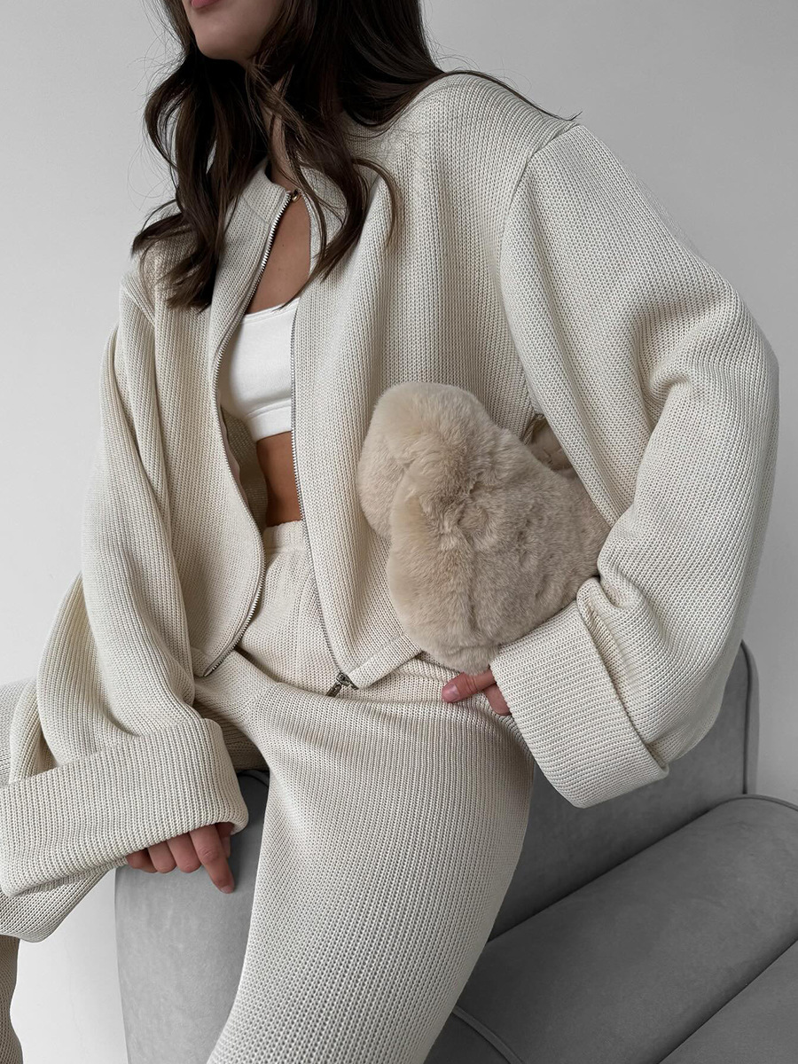 Knit Long-Sleeve Wide Leg Pants Set