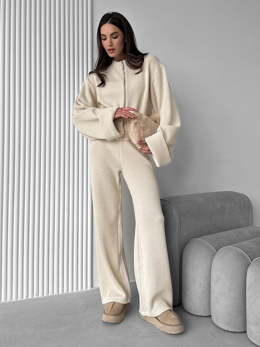 Knit Long-Sleeve Wide Leg Pants Set