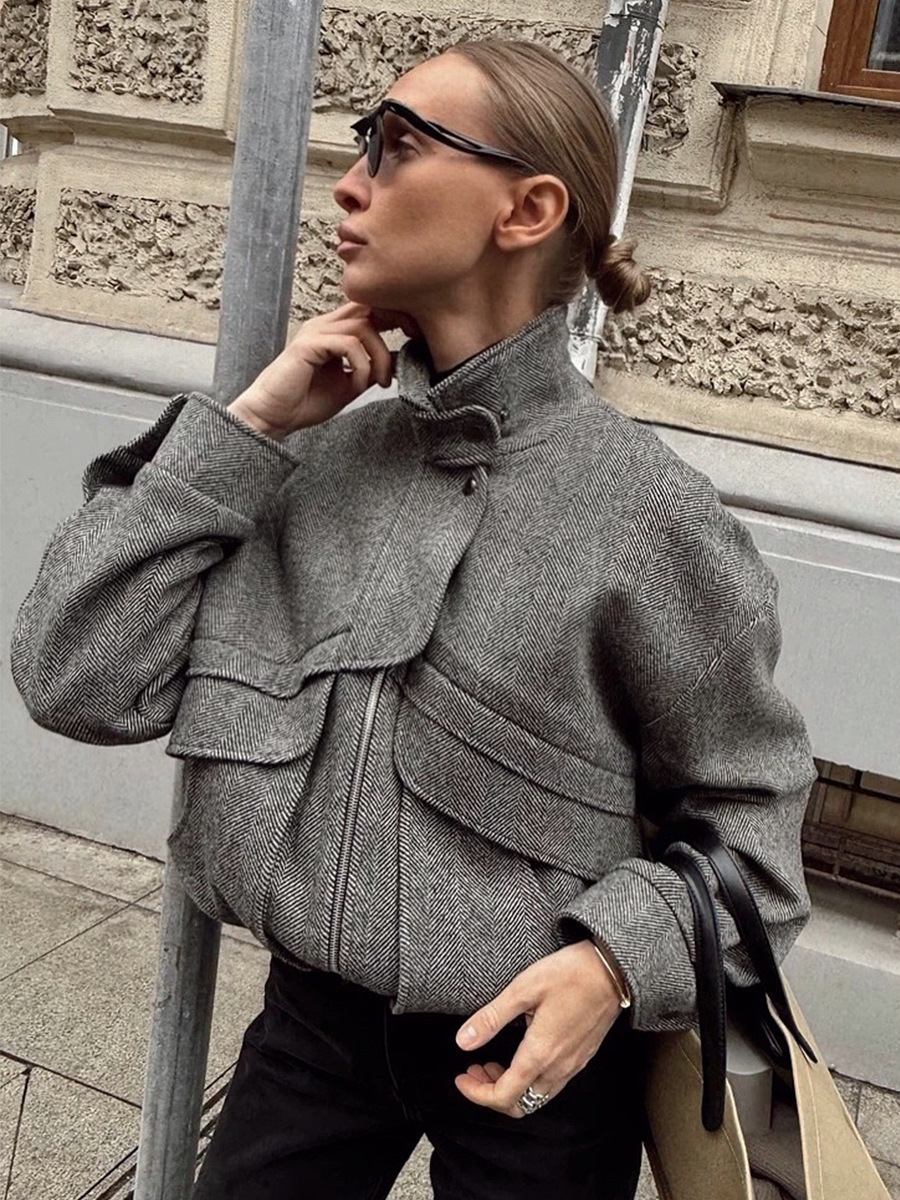 Houndstooth Stand Collar Jacket