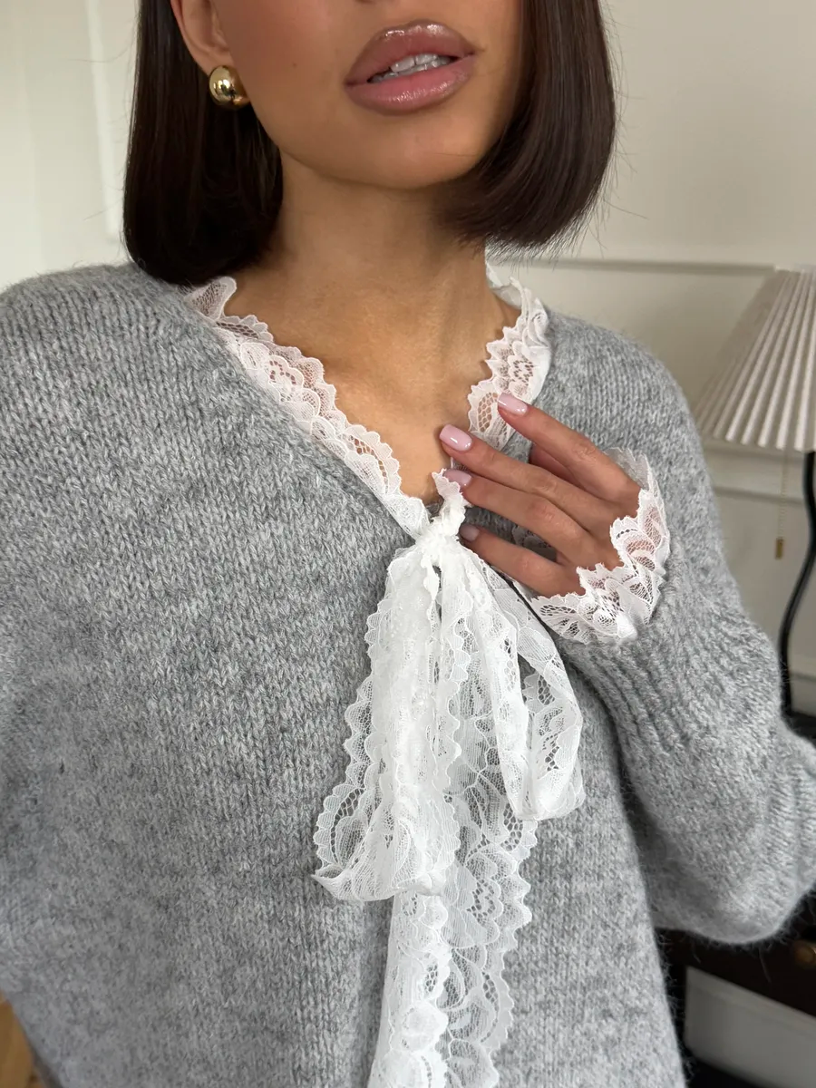 Lace-Paneled Tie-Front Sweater