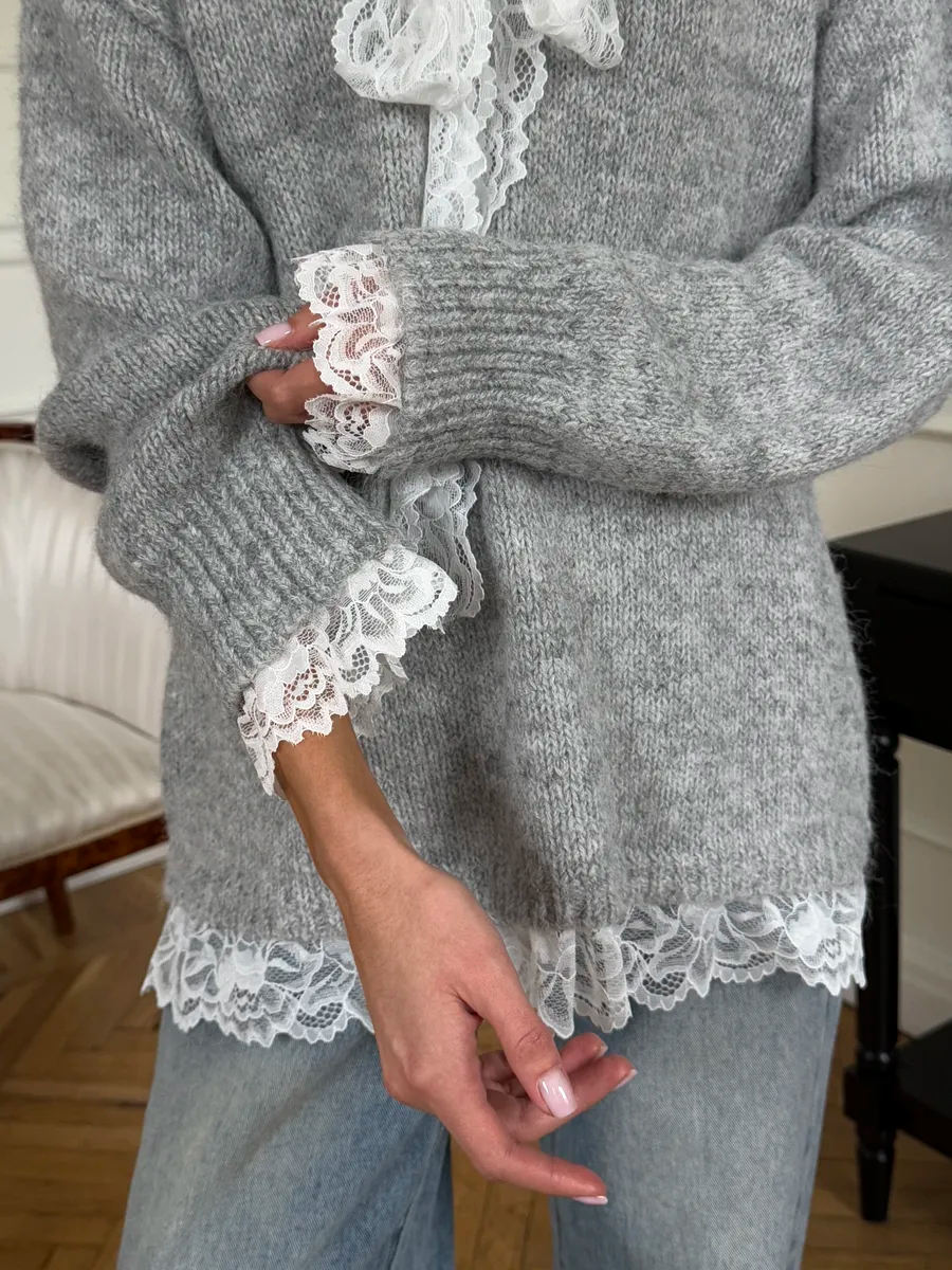 Lace-Paneled Tie-Front Sweater