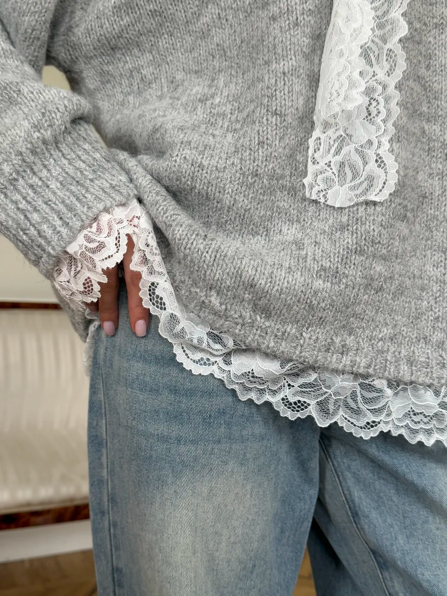 Lace-Paneled Tie-Front Sweater
