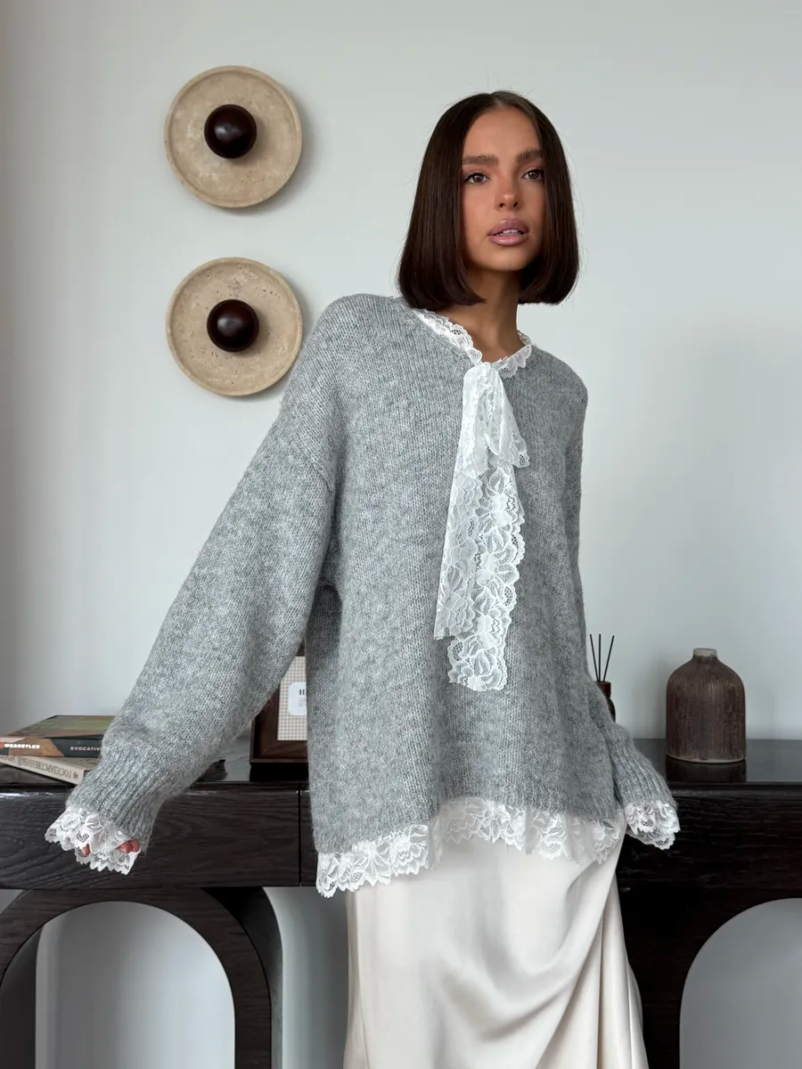 Lace-Paneled Tie-Front Sweater
