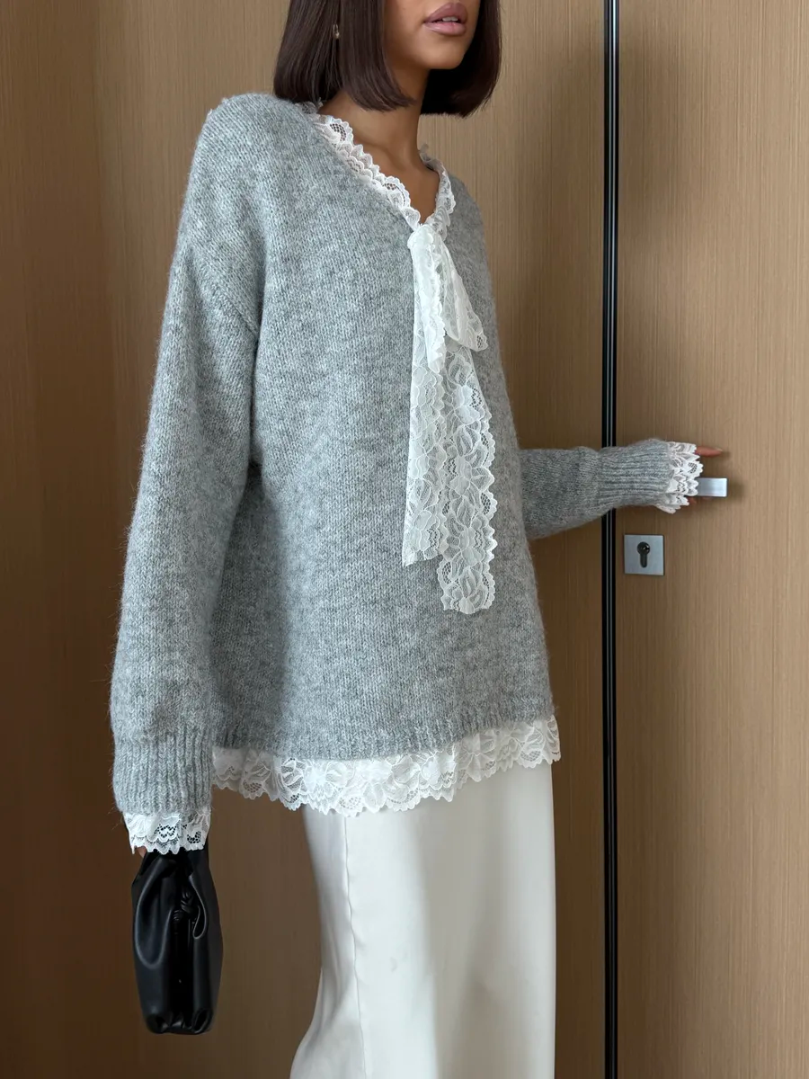 Lace-Paneled Tie-Front Sweater