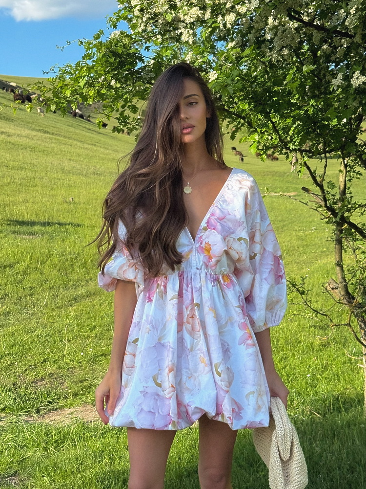 Printed Backless Lace-Up Dress