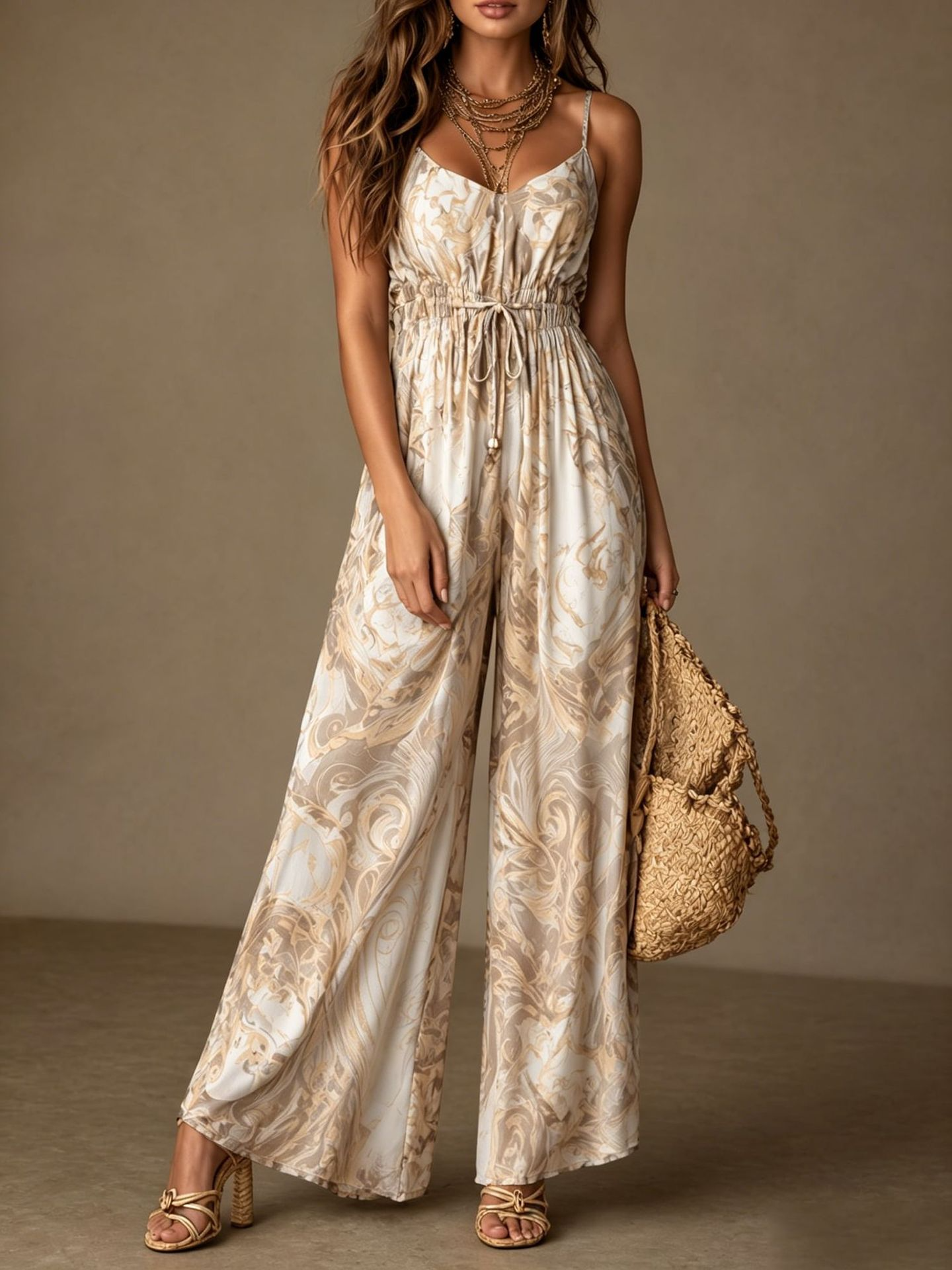 Retro-print backless jumpsuit