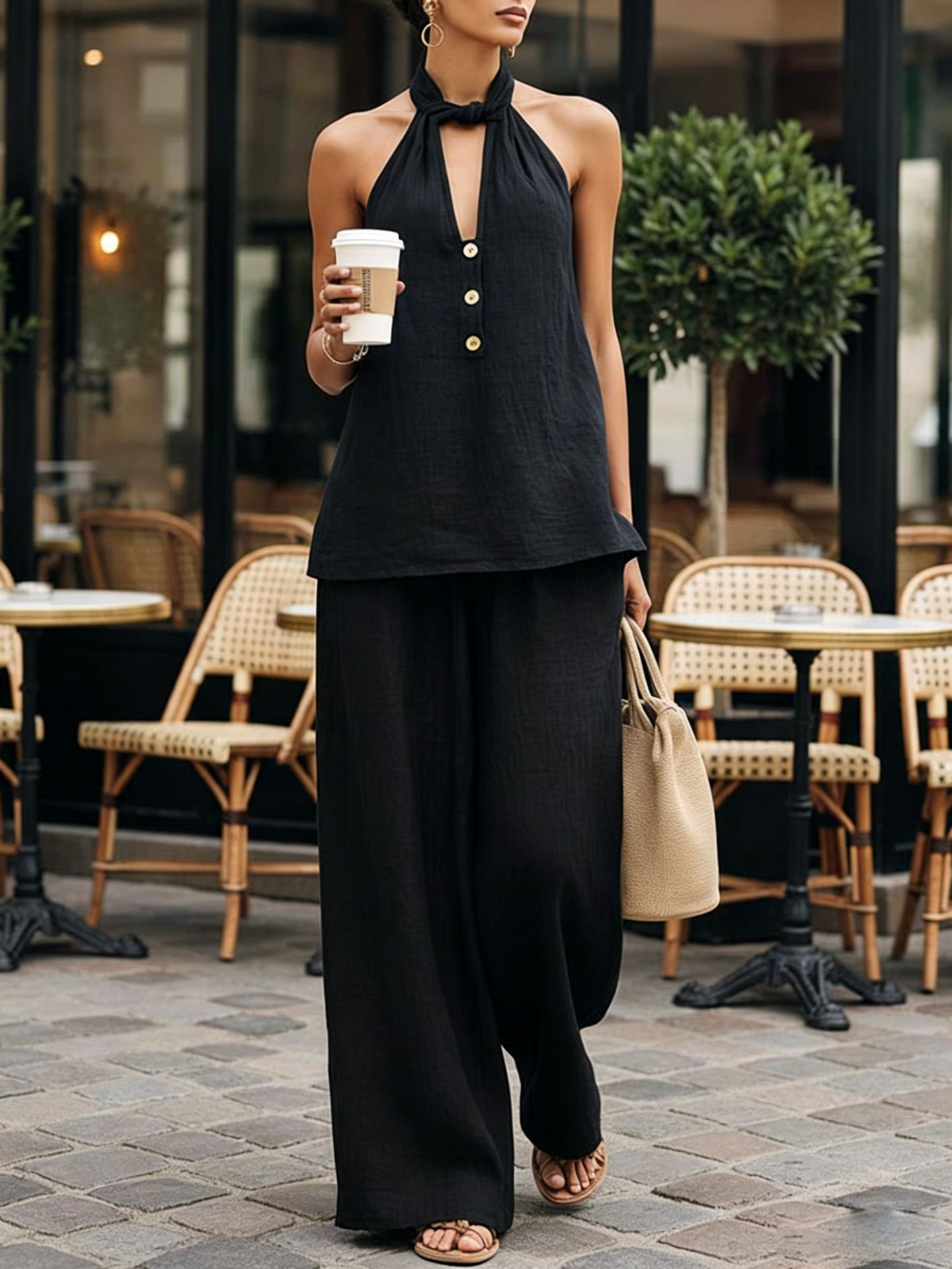Off-the-shoulder backless top and pants set