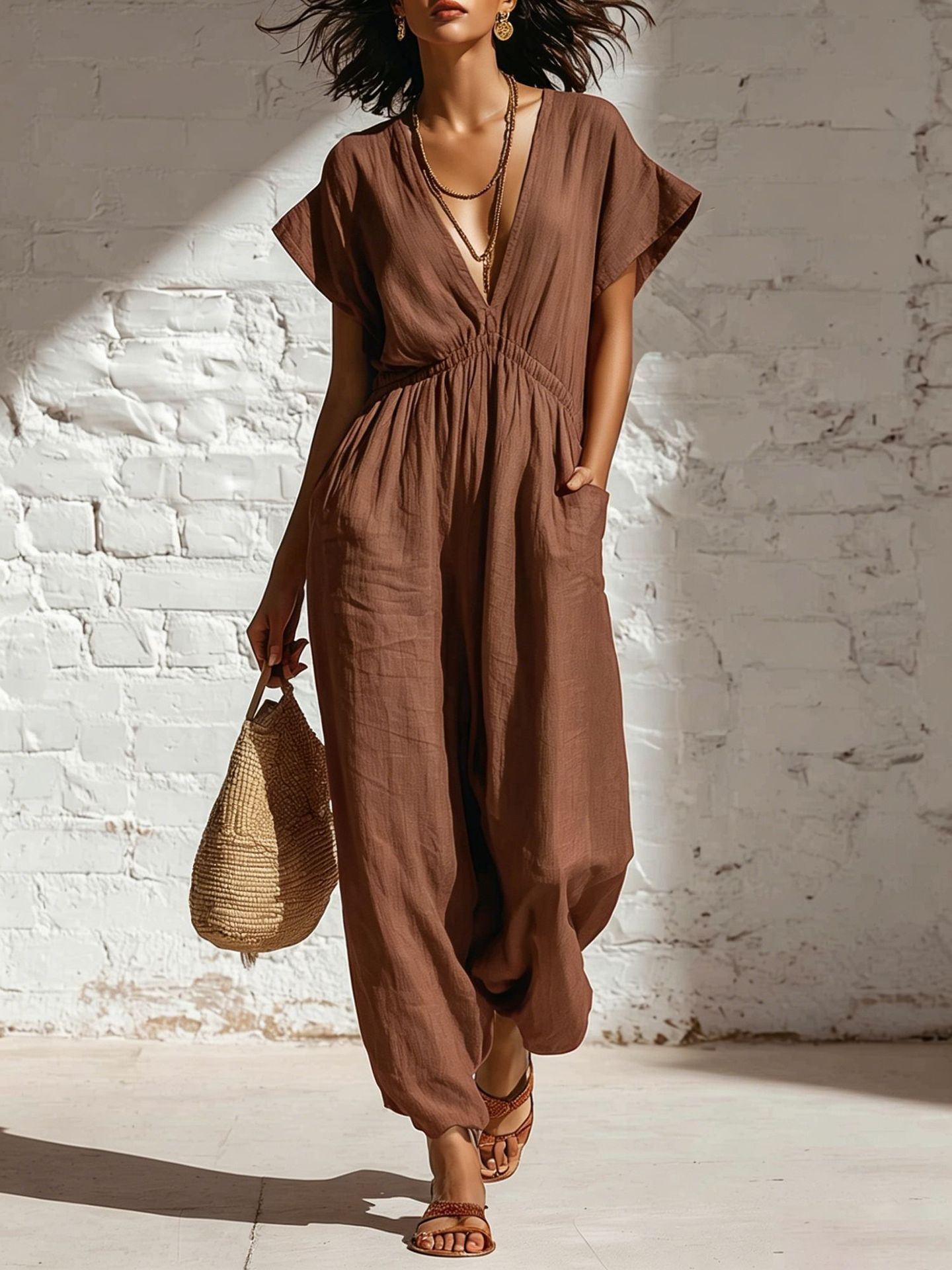 V-neck loose-fitting jumpsuit