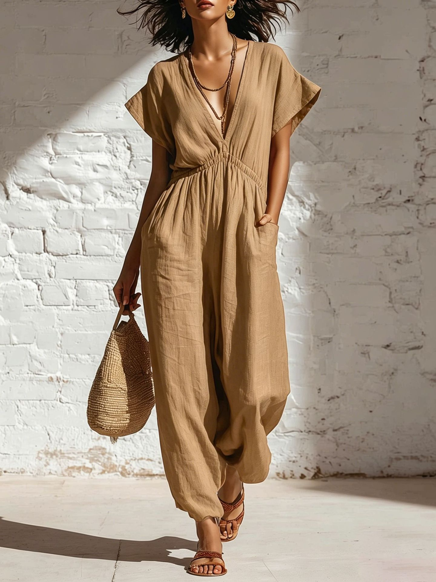 V-neck loose-fitting jumpsuit