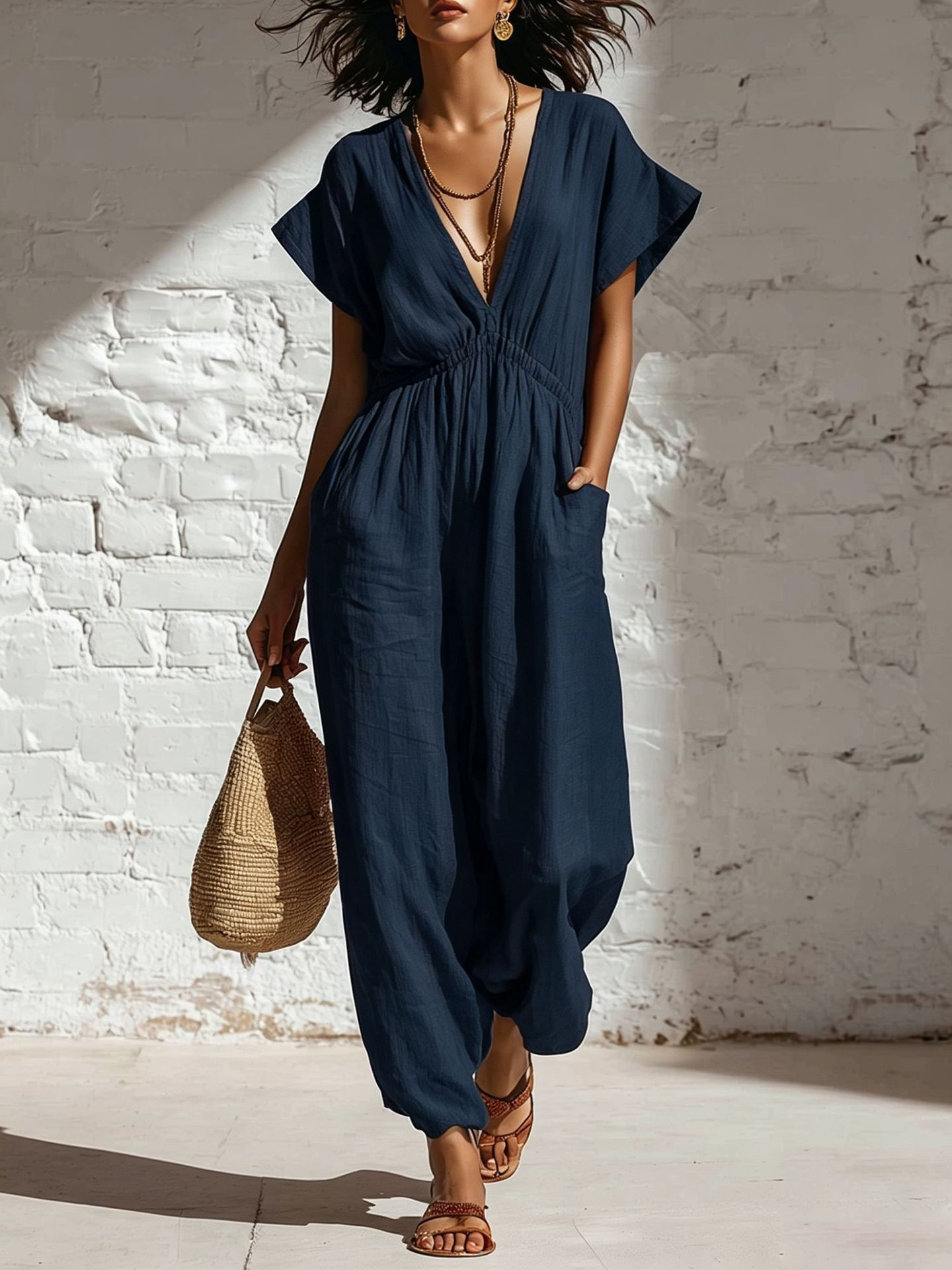 V-neck loose-fitting jumpsuit