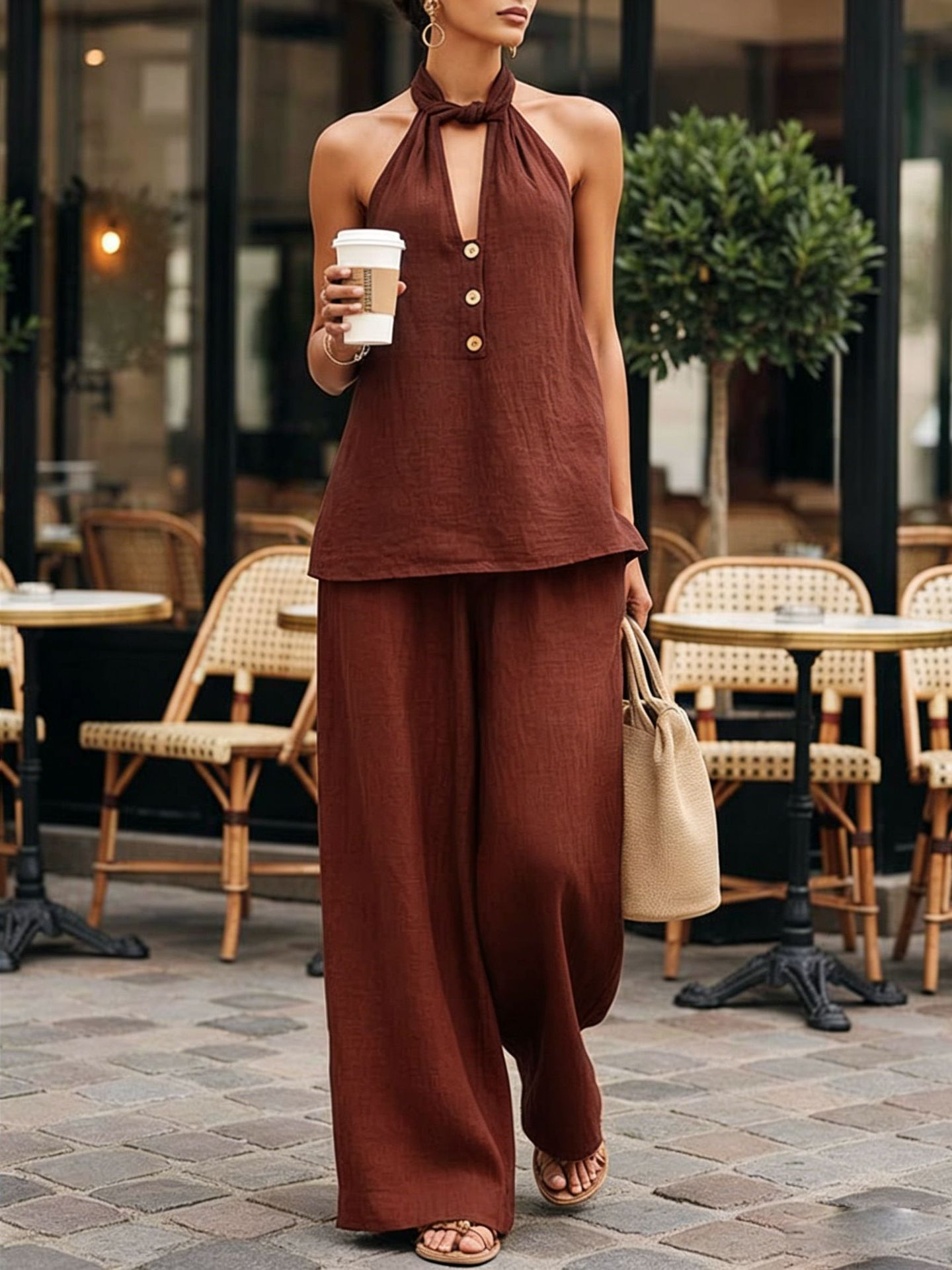 Off-the-shoulder backless top and pants set