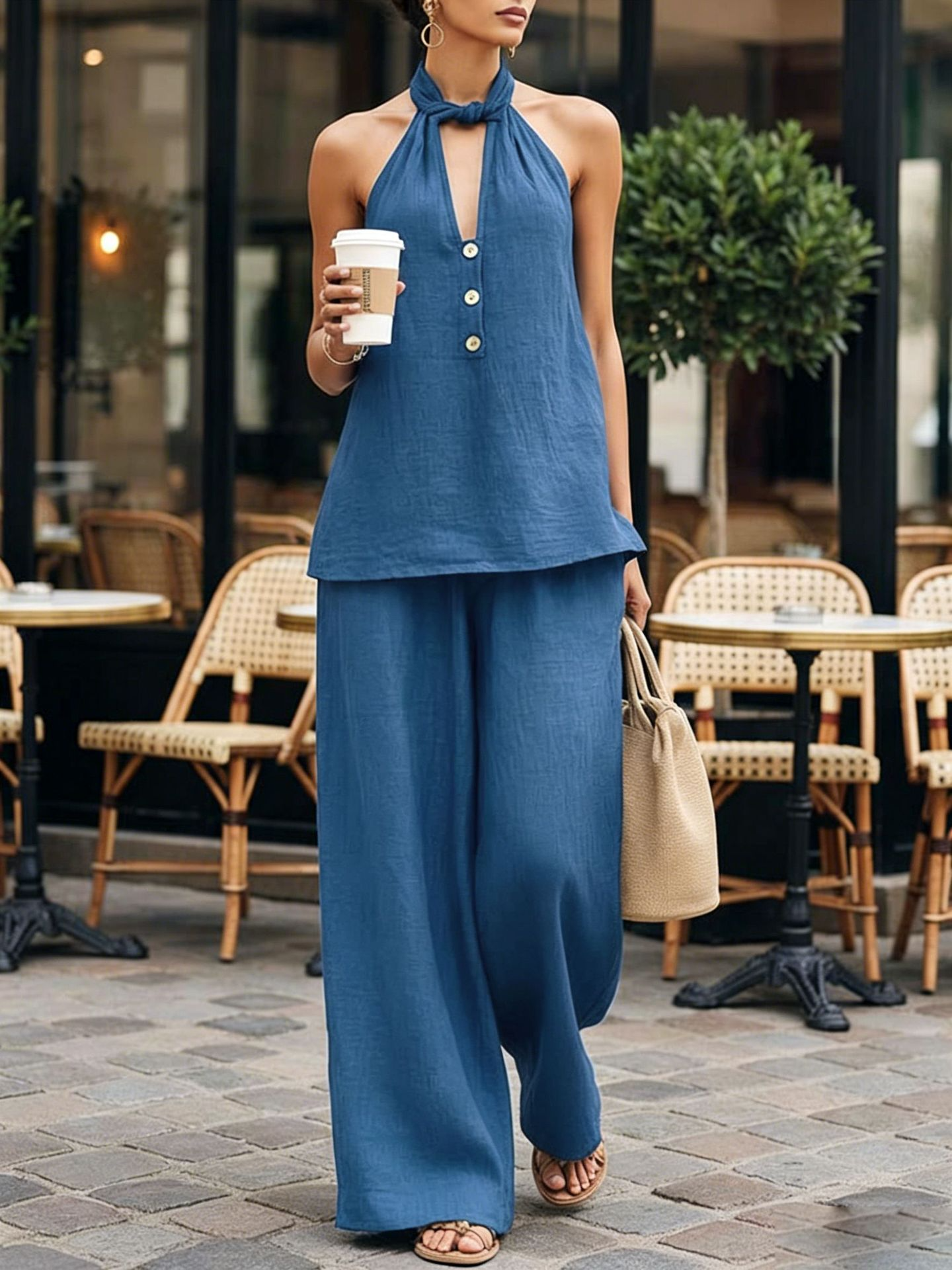 Off-the-shoulder backless top and pants set