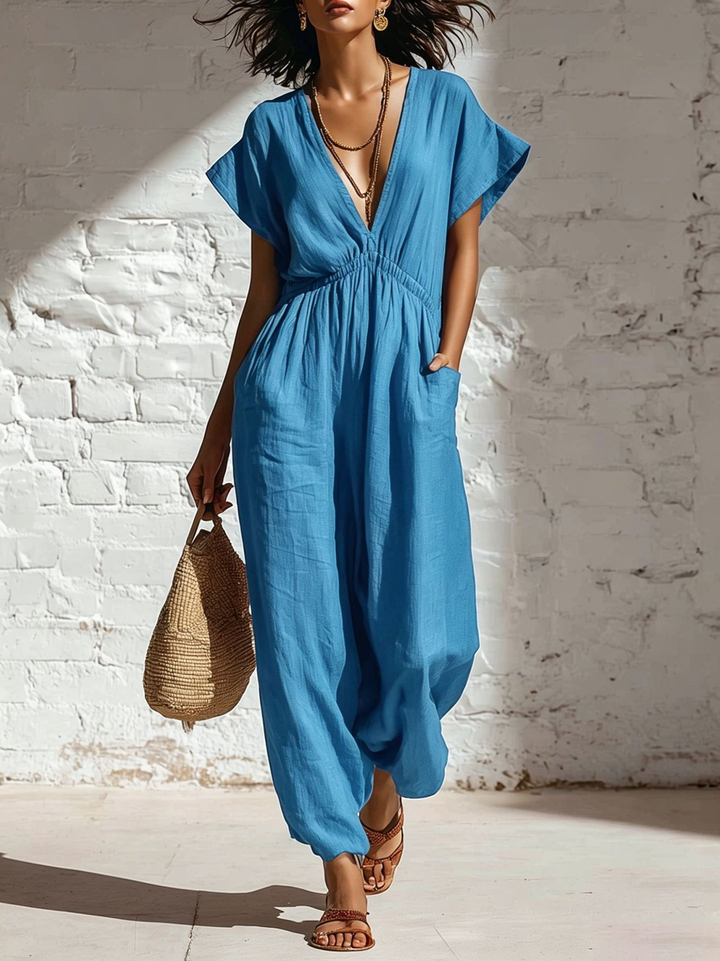 V-neck loose-fitting jumpsuit