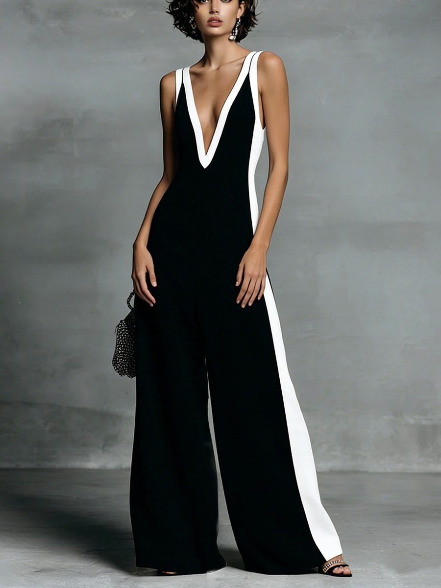 Sleeveless V-neck color-blocked jumpsuit
