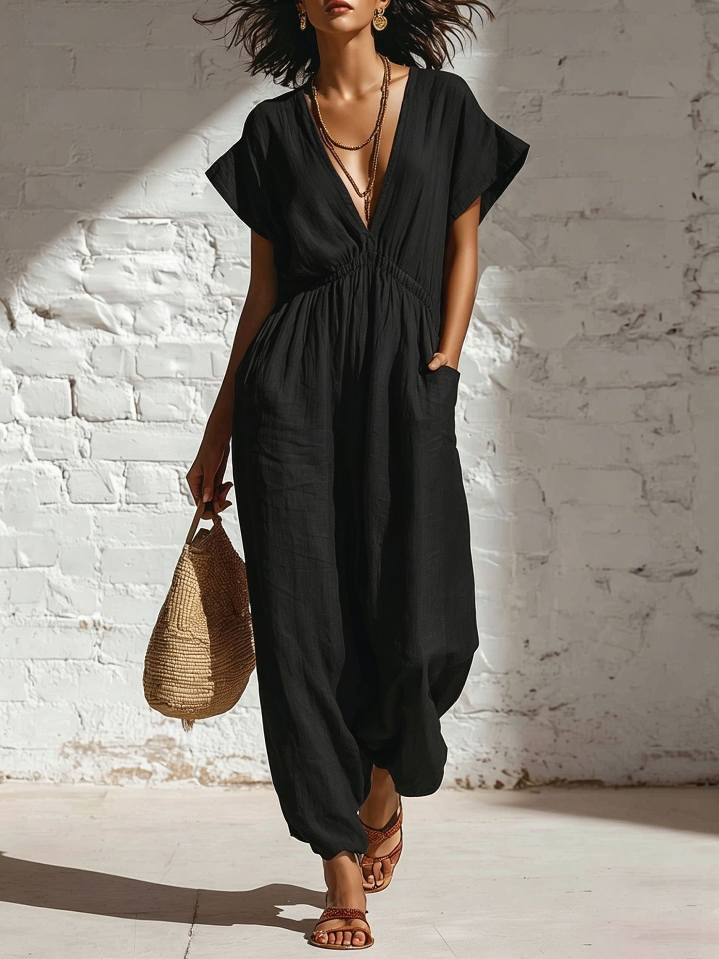 V-neck loose-fitting jumpsuit
